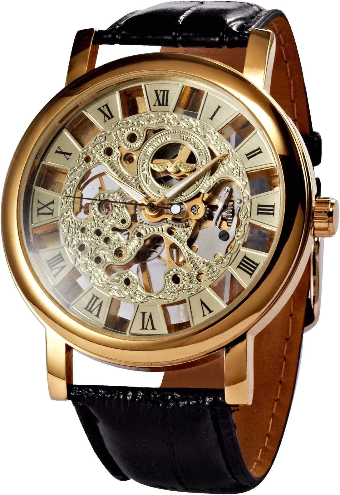 AMPM24 Classic Roman Golden Skeleton Mechanical Geniune Leather Business Mens Man Watch + AMPM24 Gift Box PMW217