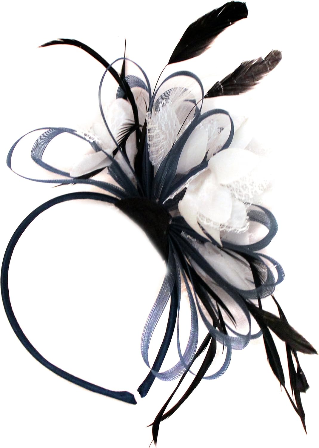 Caprilite Navy Blue and White Net Fascinator Headband Hoop Feather Hair Wedding Royal Ascot Races, Navy and White