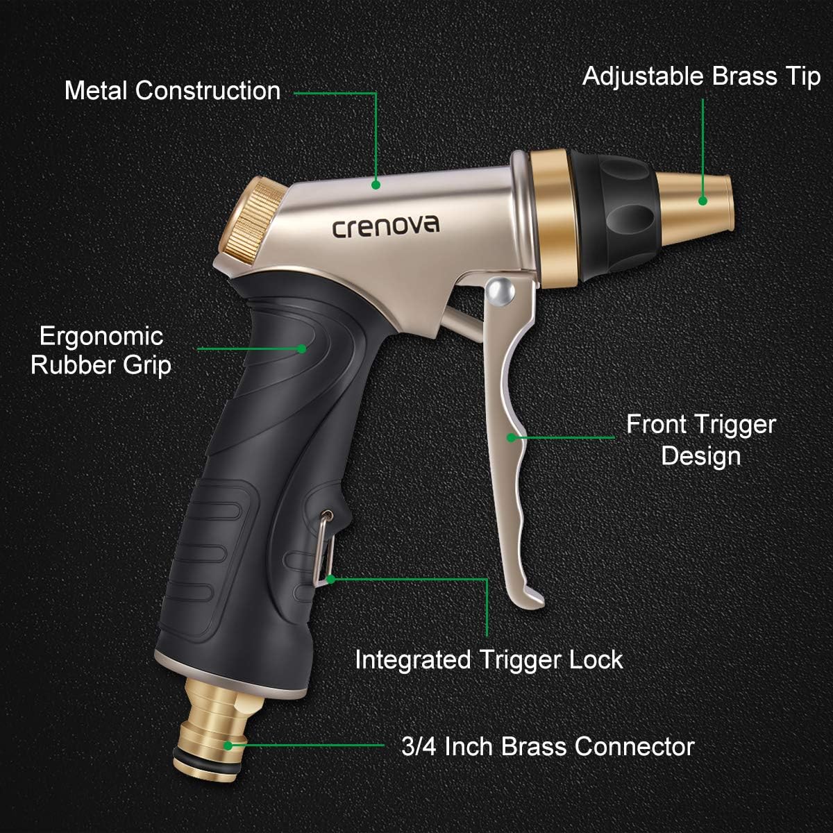 Crenova Garden Hose Nozzle, Spray Nozzle High Pressure, 100% Heavy Duty Full Brass Nozzle & ABS Non-Slip Ergonomic Grip Water Hose Nozzle, 4 Watering Patterns for Watering Lawn Plants Car Patio Pet : Garden & Outdoor