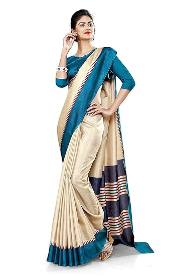 Uniform Sarees Corp Womens Gala Border Polycotton CotFeel Hospital Uniform Saree With Blouse (Beige;Peacock Blue)