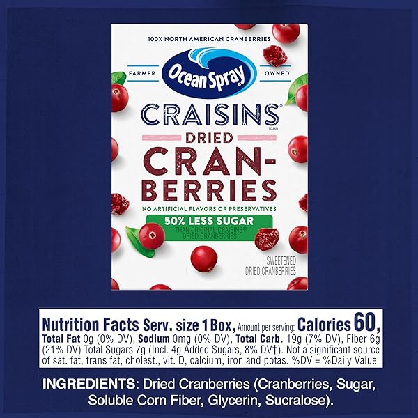 OCEAN SPRAY® CRAISINS®, 50% LESS SUGAR DRIED CRANBERRIES, DRIED FRUIT, 0.8 OZ POUCHES