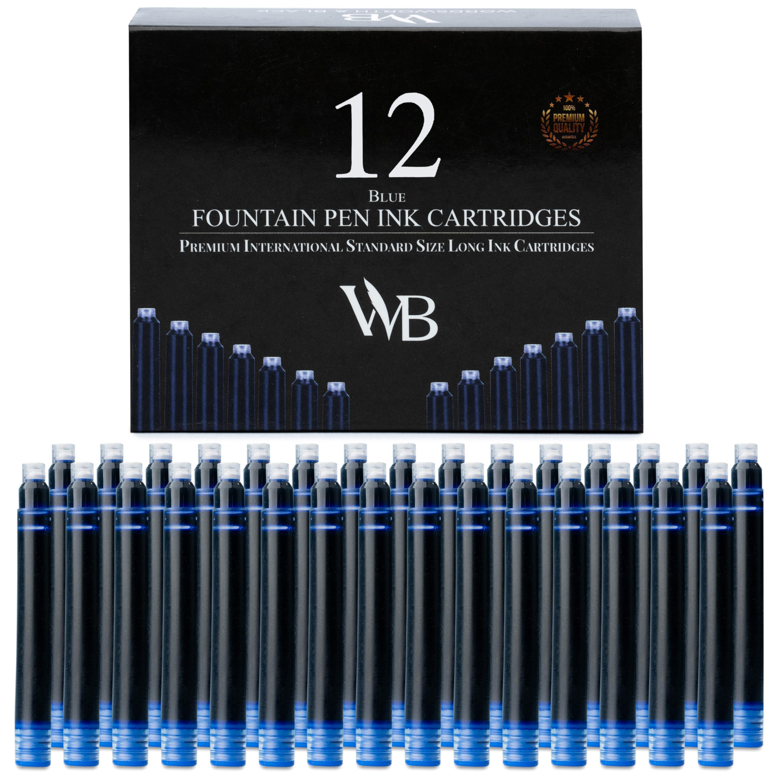 Wordsworth & Black 12 Pack Fountain Pen Ink Refills - Set of 12 Blue Ink Cartridges - International Standard Size - Length APPR 2.3" - Base Diameter APPR 0.24" - Disposable and Generic