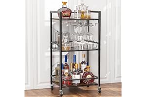 XYZLVSI Bar Cart for Home, 3 Tier Small Wine Bar Cart, Drink Serving Cart on Wheels with Glass Holder, Mini Beverage Cart, Mobile Shelf with Wine Rack for Kitchen, Dining Room, Living Room,Black