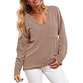 Cicy Bell Womens Tops Oversized Long Sleeve V Neck Shirts Casual Loose Fit Knit Tee Shirt with Pocket