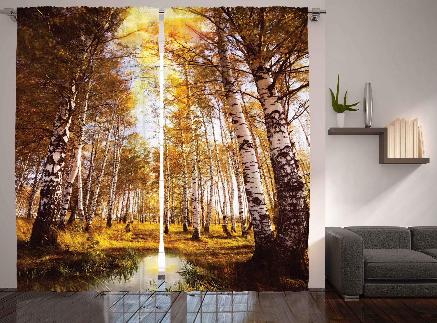 ABAKUHAUS Tree Curtains, Autumn Season Forest in Sun Rays near the River in Morning Idyllic View Print, Living Room Bedroom Window Drapes 2 Panel Set, 280 x 175 cm, Brown White