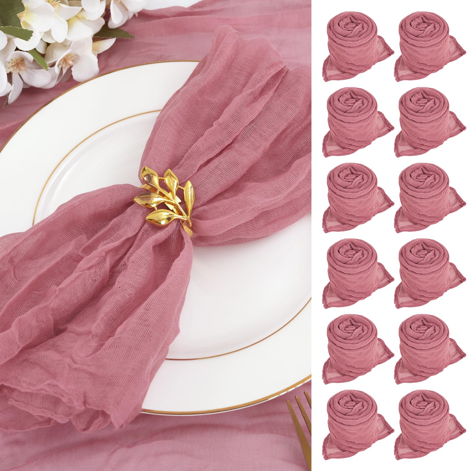 30 Pieces Gauze Cheesecloth Napkin 20 inches Gauze Napkin Vintage Boho Cheesecloth Napkin Bulk for Party, Wedding, Reception, Bridal Shower Table Decorations - Dusty Rose