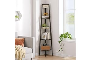 Hoctieon Corner Shelf, 5-Tier Corner Bookshelf, Rustic Ladder Shelf, Industrial Display Stand for Living Room, Kitchen, Home Office, Balcony, Small Space, Metal Frame, Black