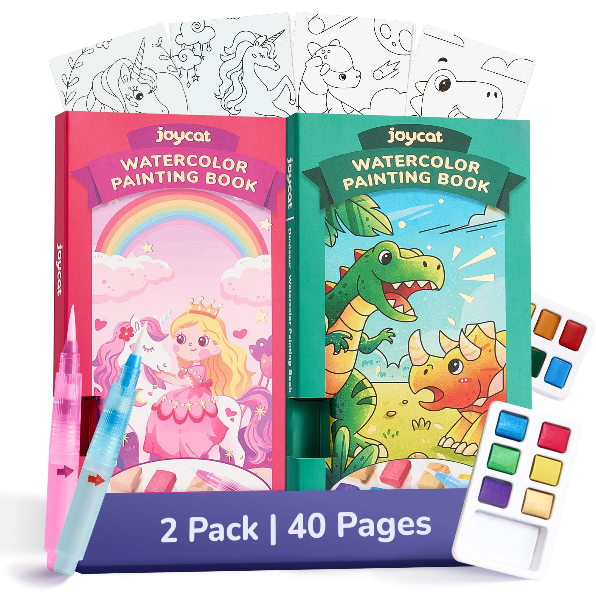 JoyCat 2 Pack Pocket Paint with Water Coloring Books for Kids, Art & Craft Activity Toy Set, Creative Travel & Home Painting Kit, Gifts for Girls & Boys Ages 3-8 (Magical Pony & Dinosaurs)