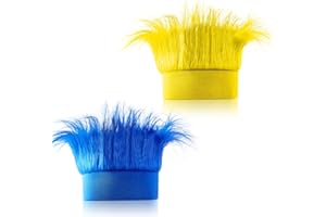CHAKAKA Hairy Headband, Funny Hat Fun Party Costume Accessories, Novelty Crazy Troll Hair Wigs for Adults, Teens and Kids, Party Supplies Headwear for Spirit Day, Sports Event and Cosplay(Blue&Yellow, 2 Pack)