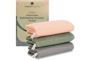 MainBasics Exfoliating Shower Towel - Japanese Nylon Bath Towel and Body Washcloth, Quick-Dry, Durable, Deep Exfoliation (Set of 3, Earthy Love)