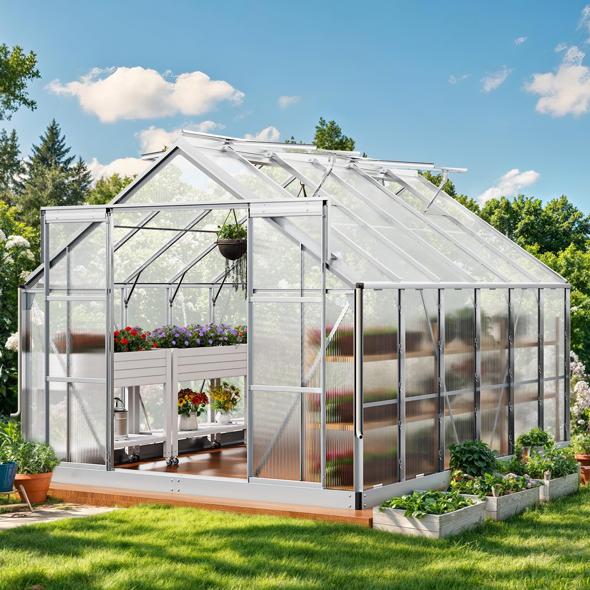 Photo 1 of **SELLING FOR PARTS AS PARTIAL SET. ONE BOX OF THREE**YITAHOME 10x12FT Polycarbonate Greenhouse Large Heavy Duty Green Houses Outdoor Aluminum Greenhouses with Sliding Doors Vent Window Walk-in Greenhouse for Garden Backyard, Sliver