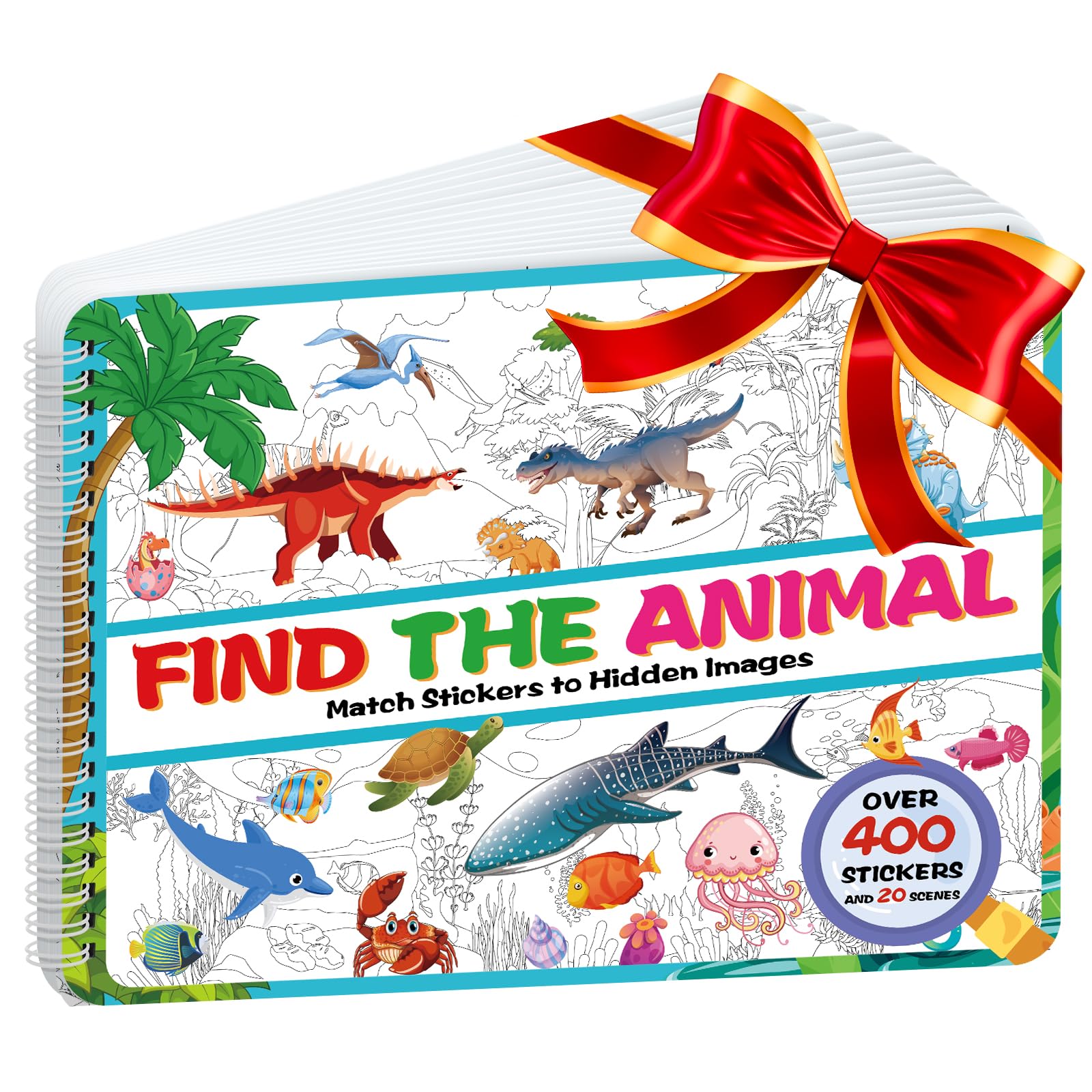 Kalysky Find the Animal Sticker Book for 2+ Year Olds, 400+ Dinosaur Sea Animal Stickers for Children, Stickers Activity Book Travel Toys Gifts for Boys Girls, Search Hidden Objects Fun and Colouring