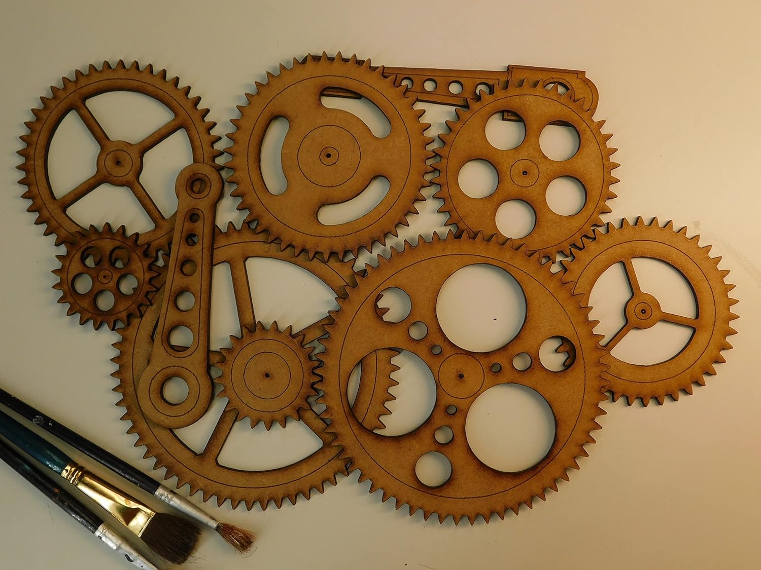 Mixed Media - Steampunk Gears Wall Decor - Eight Gears, Two Push Rods - UNFINISHED - Free Shipping - Wood Gears