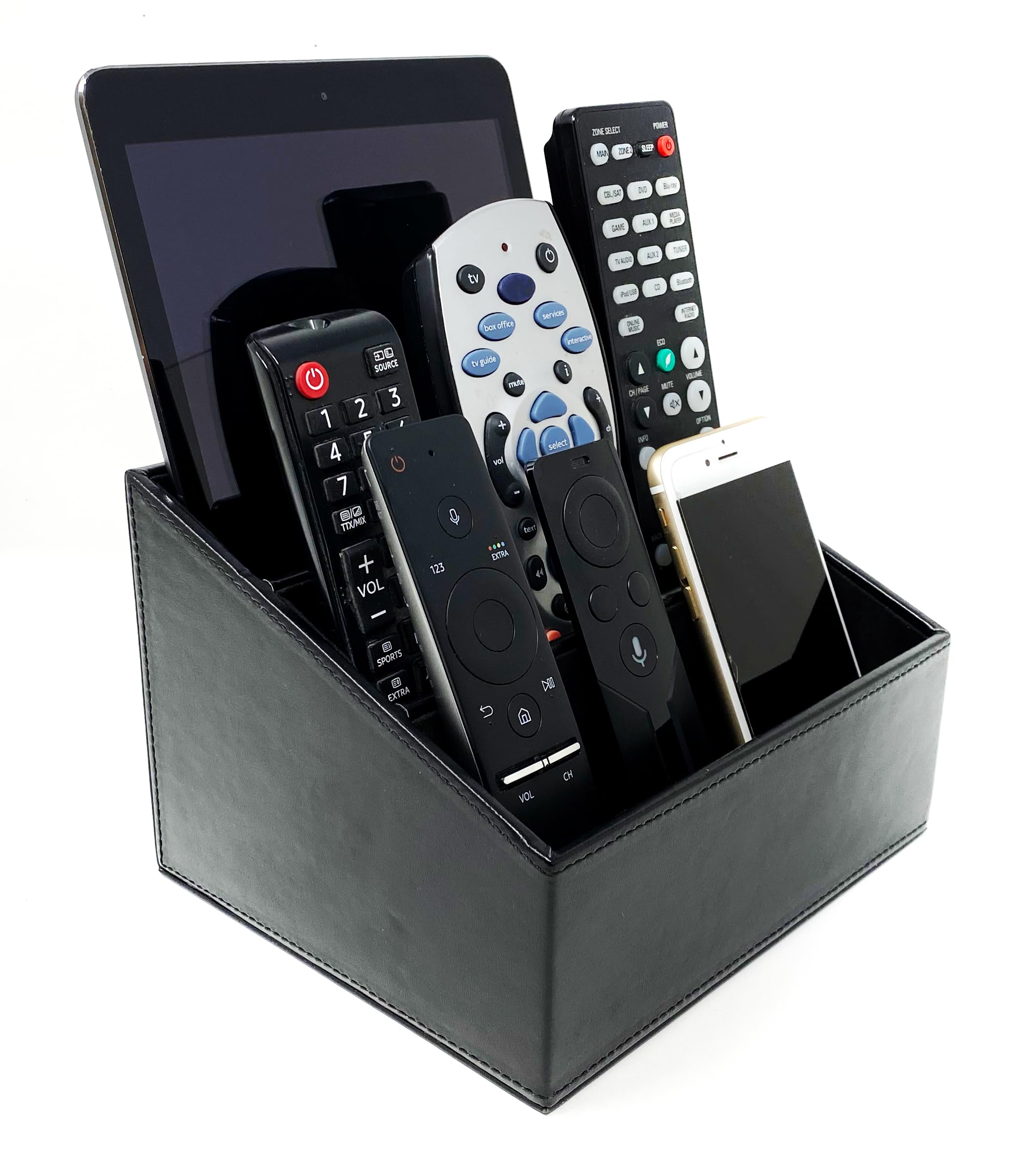 Super and Social - Remote Control Holder/Storage Caddy | Desk & Makeup Organiser | 3 Compartments - For Remotes, Tablet PC/eBook, Office Supplies & Gaming Controllers | Phone Holder | PU Vegan Leather