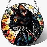 DOUHASU 8″ Stained Glass Window Hanging Ornament, Black Cat Stained Glass Suncatcher Ornament, Sun-Catcher Window Decor | Gifts for Cat Lovers, Pet Lover Gift