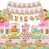 Obussgar Pink Capybara Birthday Party Decorations - Capybara Party Supplies including Banner, Plate, Cake Topper, Cup, Napkin, Balloon, Tablecloth - Serves 20