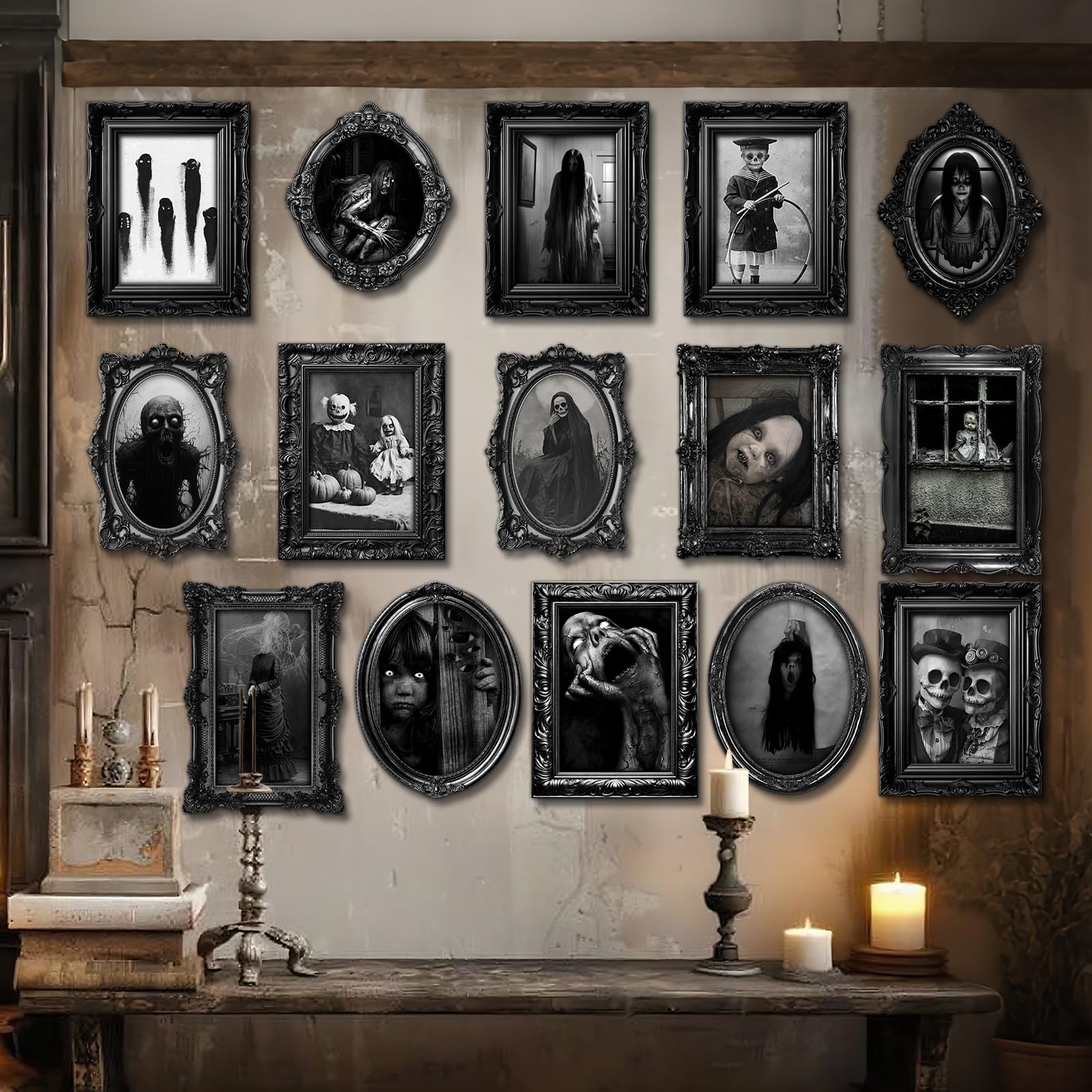 Photo 1 of 15 Halloween Gothic Creepy Skull Photos Haunted Horror Picture Frame, Waterproof Durable, with 80pcs Self Adhesive Dots Photo Decoration For Haunted Family Castle Masquerade Party 2025 Black