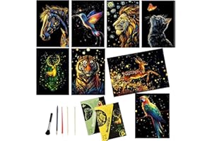 TOULIDEIFARIA 8 Sheets Scratch Art Noctilucent Rainbow Scratch Paper Scratch Painting Art Adults Paint by Scratch Kit for Arts and Crafts Gift（ Animal Elf ）