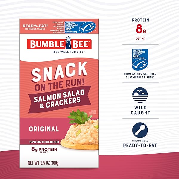 BUMBLE BEE SNACK ON THE RUN! PROTEIN SNACK PACK – 8G PROTEIN PER BOX – SALMON SALAD WITH CRACKERS KIT – READY TO EAT EASY-OPEN CAN – WILD CAUGHT MSC-CERTIFIED SEAFOOD (PACK OF 1)