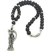 Holy death’s black lava rocks short lenght necklace. Collar corto de la Santa muerte con piedras de lava.