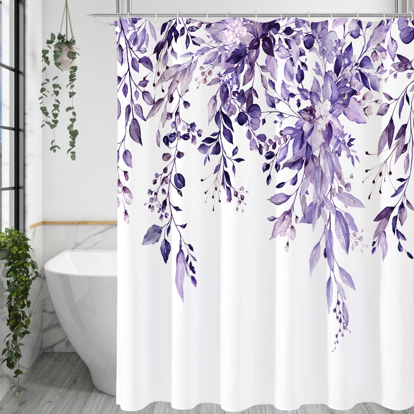 Photo 1 of Gibelle Extra Long Shower Curtain 72 x 84, Purple Floral Shower Curtain for Bathroom, Watercolor Plant Eucalyptus Leaves Fabric Shower Curtain Set with Hooks