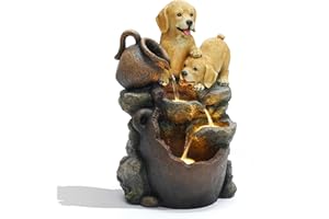 LUXENHÖME LuxenHome Puppy Friends Farmhouse Resin Outdoor Fountain with Lights