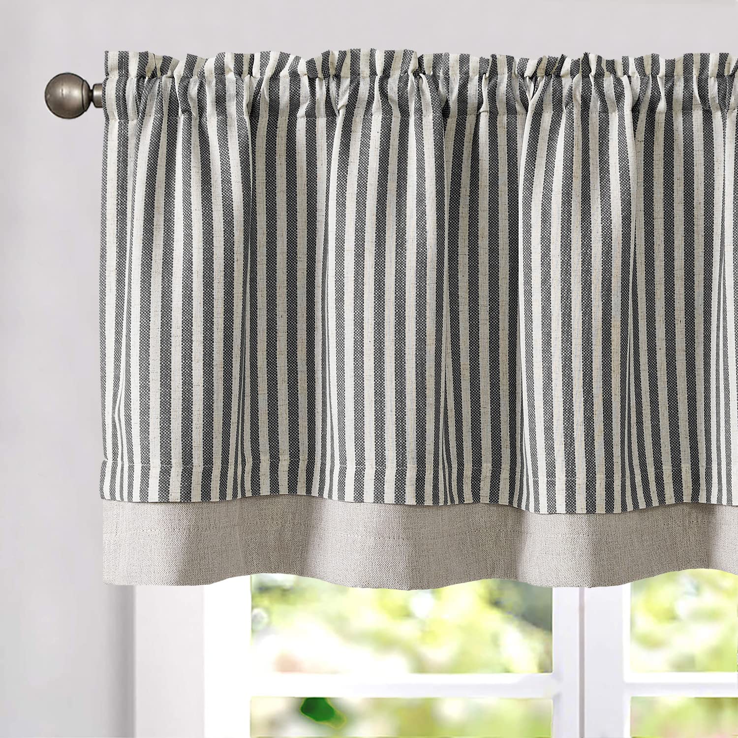 TOPICK Striped Short Kitchen Curtains 18 Inch Drop Small Cafe Curtains Blackout Double Layer Curtain Valance for Sink Living Room Cupboard Rod pocket 1 Panel Black on Beige
