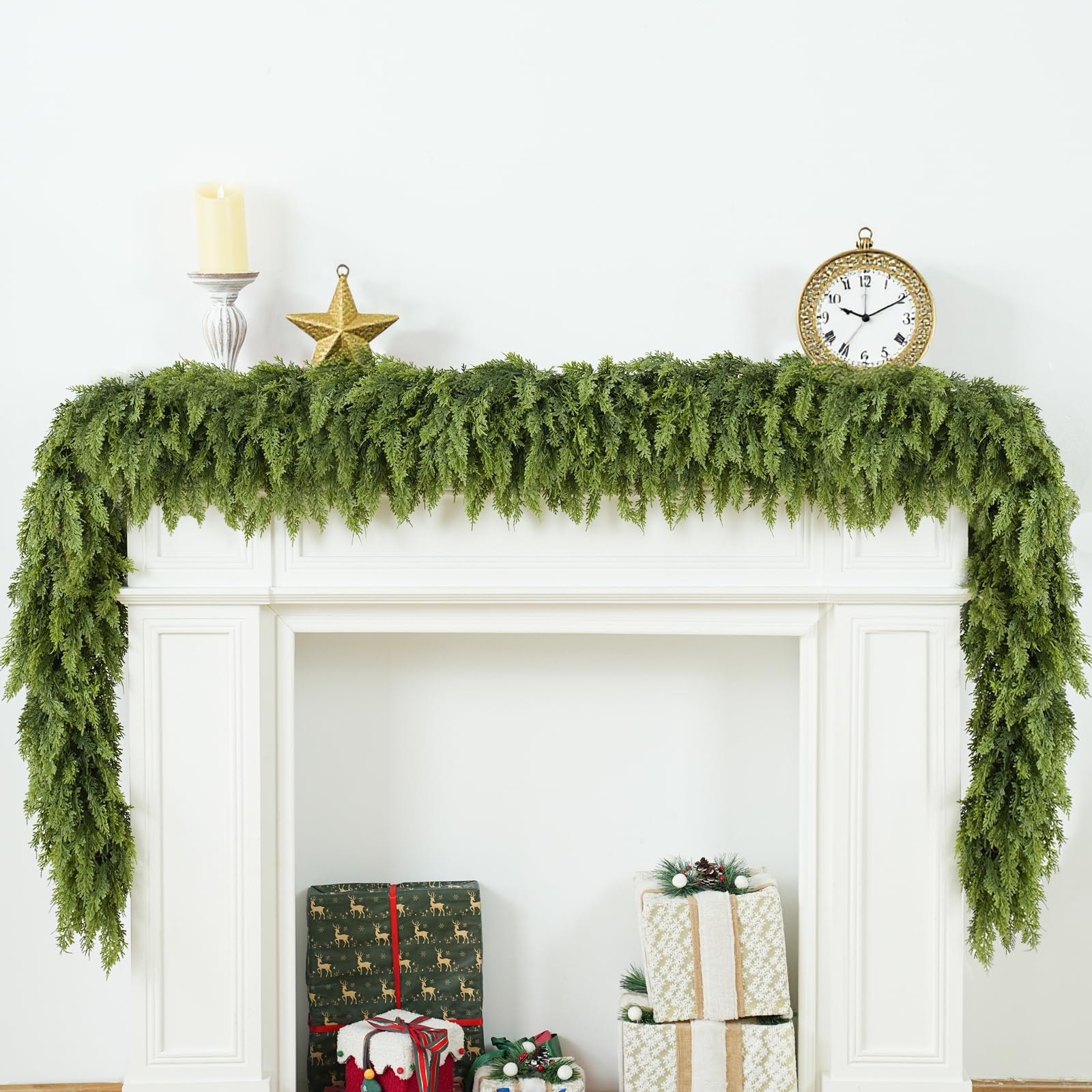 Photo 1 of Giauma 9ft 1Pcs Christmas Cedar Garland Artificial Realistic Thick Soft Green Faux Winter Greenery Pine Garlands for Fireplace Mantel Table Doorframe Indoor Outdoor Xmas Holiday Home Decoration