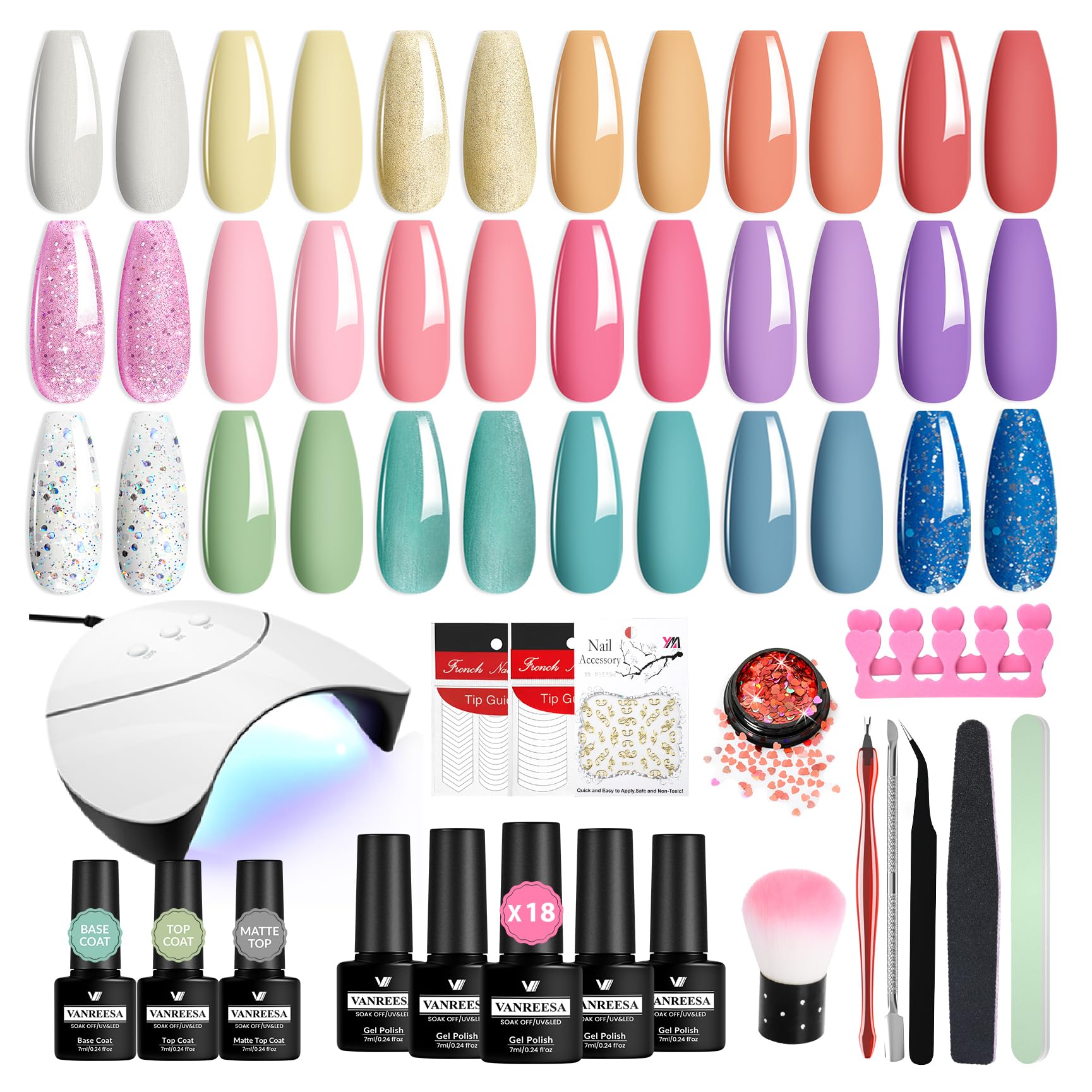 VANREESA Gel Nail Kit, 18 Colours Gel Nail Polish Set with Lamp Starter Kit Pink Blue Purple Spring Summer Colours U V Nail Polish Set with Base and Top Coat Manicure DIY at Home Gifts for Women