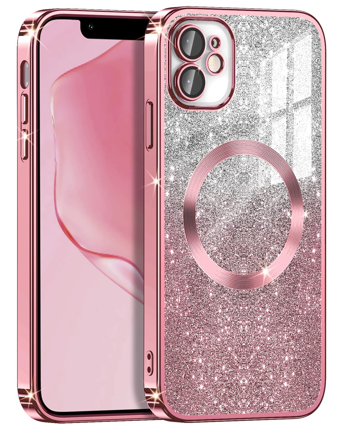 Casetego for iPhone 11 Case,Compatible with MagSafe,Clear Magnetic Glitter Sparkle Luxury Plated Soft TPU Bumper Full Camera Lens Protector for Apple iPhone 11,All Rose Gold
