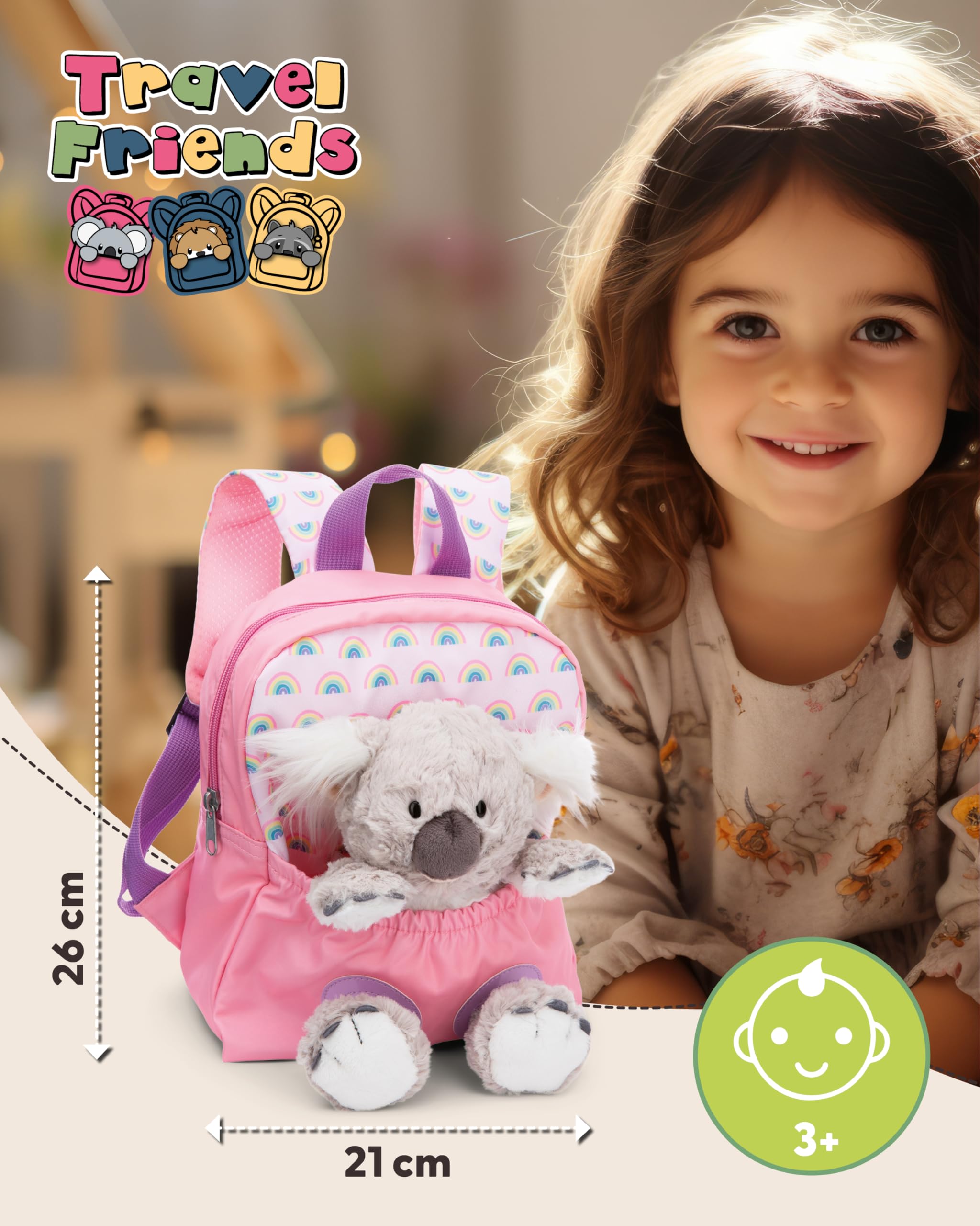 NICI Kinderrucksack rosa 2 in 1 mit Kuscheltier Koala 25cm - Kindergartenrucksack Mädchen & Jungen - Weicher Rückenbereich & verstellbare Gurte - 49841 2