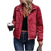 SOLY HUX Women's Corduroy Quilted Puffer Jacket Zip Up Long Sleeve Padded Bomber Barn Jackets Coat with Pockets