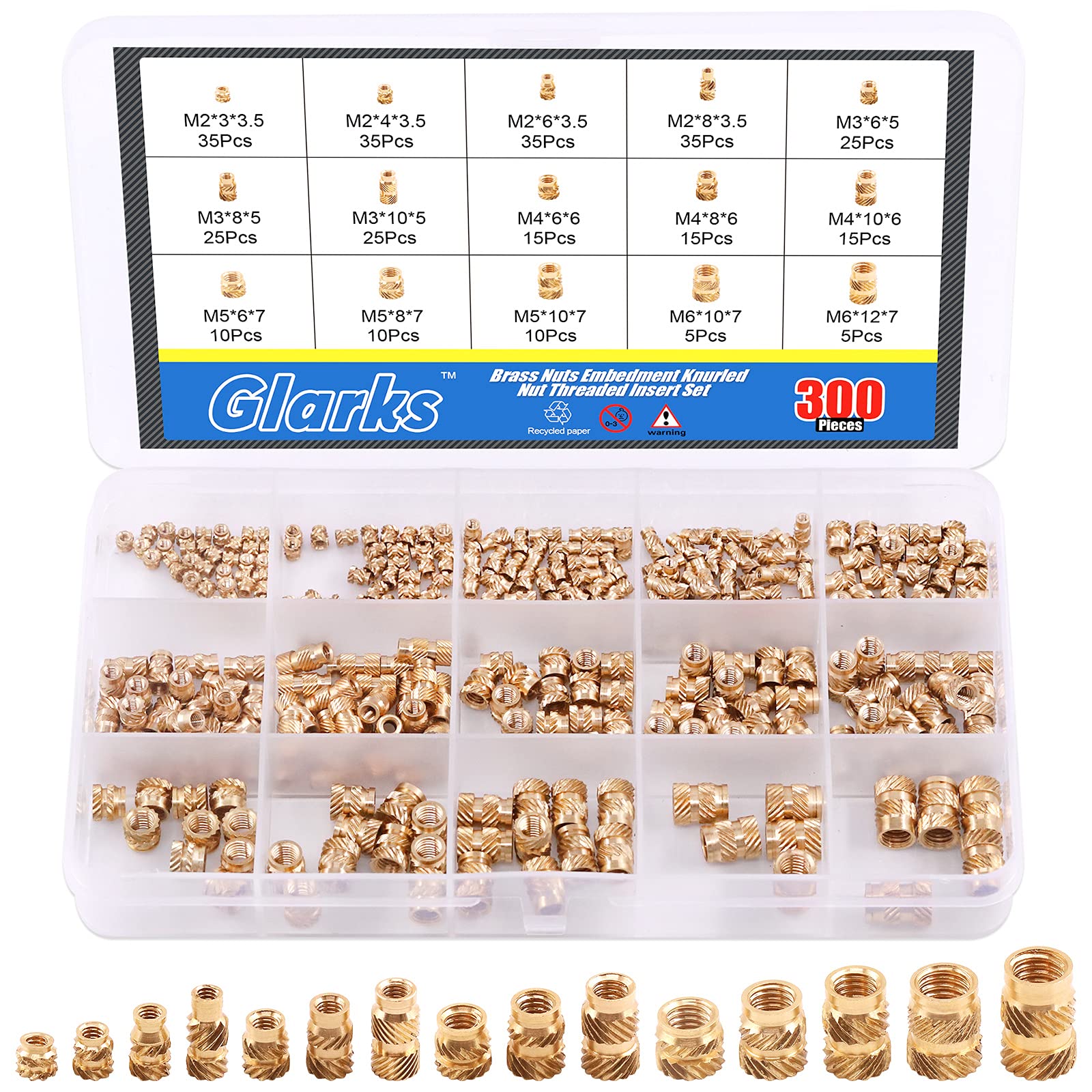 Glarks 300Pcs M2 M3 M4 M5 M6 Female Thread Knurled Nuts Brass Threaded Insert Embedment Nuts Assortment Kit for 3D Printer