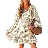 CUPSHE Women Geo V Neck Fall Dress Sleeveless Smocked Waist A Line Long Sleeve Button Casual Sundress Mini Dress