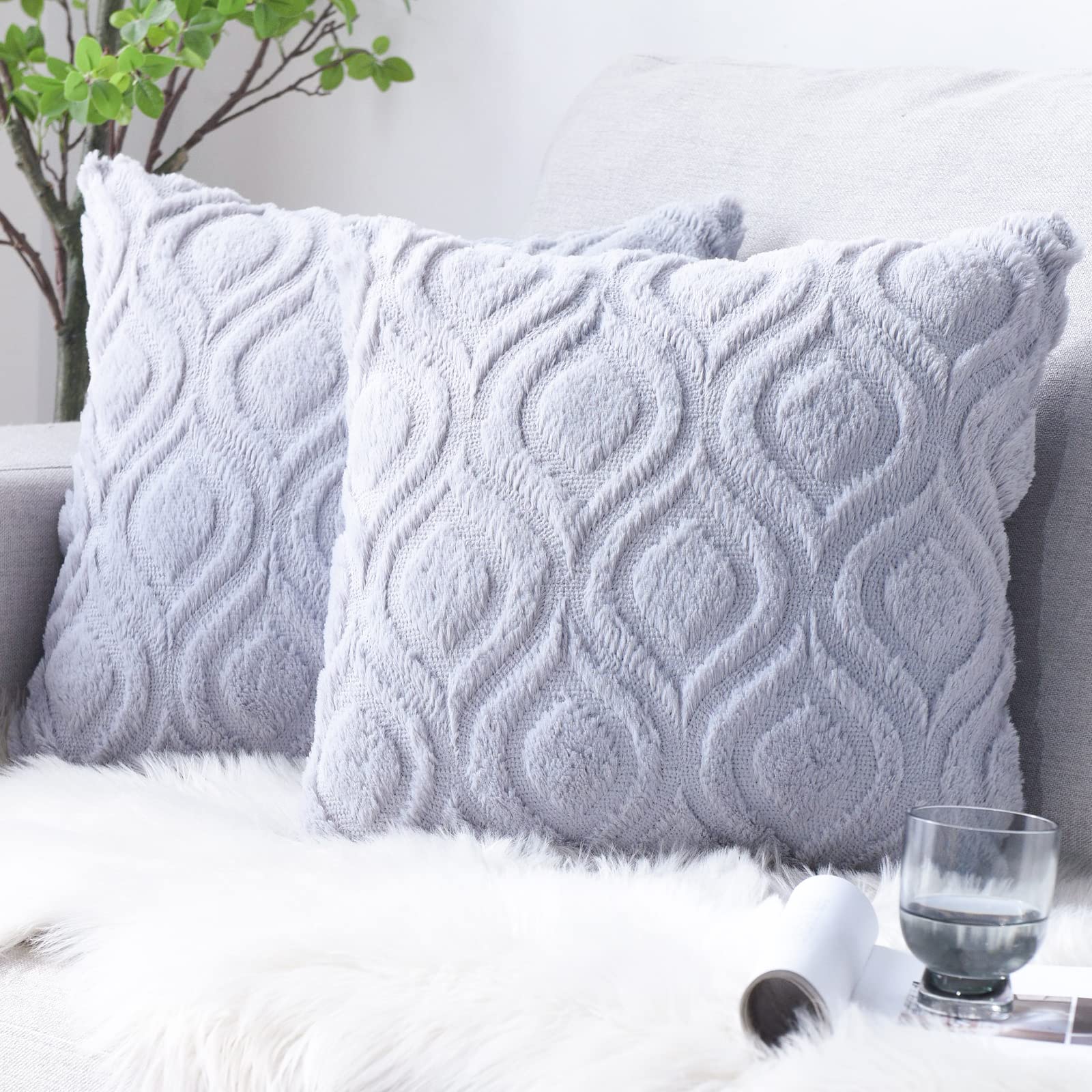 Pack of 2 Soft Faux Cotton Fur Plush Wool Cushion Covers, Boho Throw Pillow Covers Only, Comfortable Decorative Square Rectangular Cushion Covers for Couch Sofa Bedroom Light Grey 20"X20"(50cmx50cm)