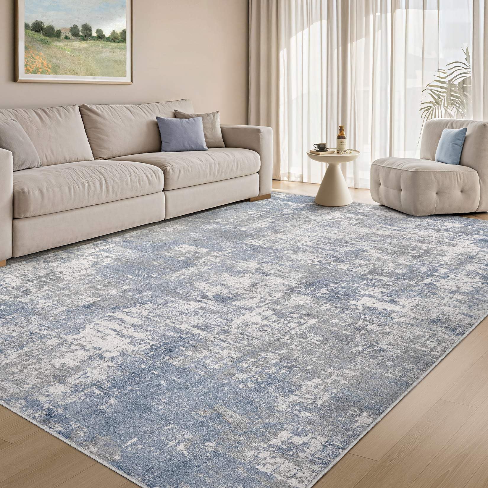 Tortania Washable 5x8 Area Rug for Living Room: Modern Abstract Neutral Large Soft Thin Rugs - Non Slip Indoor Carpet for Bedroom Dining Room Office Nursery Home Floor Decoration - Blue Grey