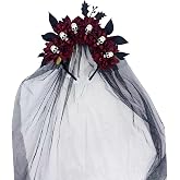 YCLSKNO Halloween Dark Red Flower Skull Veil Headband for Women | Gothic Burgundy Floral Skull Black Tulle Head Band | Day of The Dead Bride Cosplay Hair Accessories