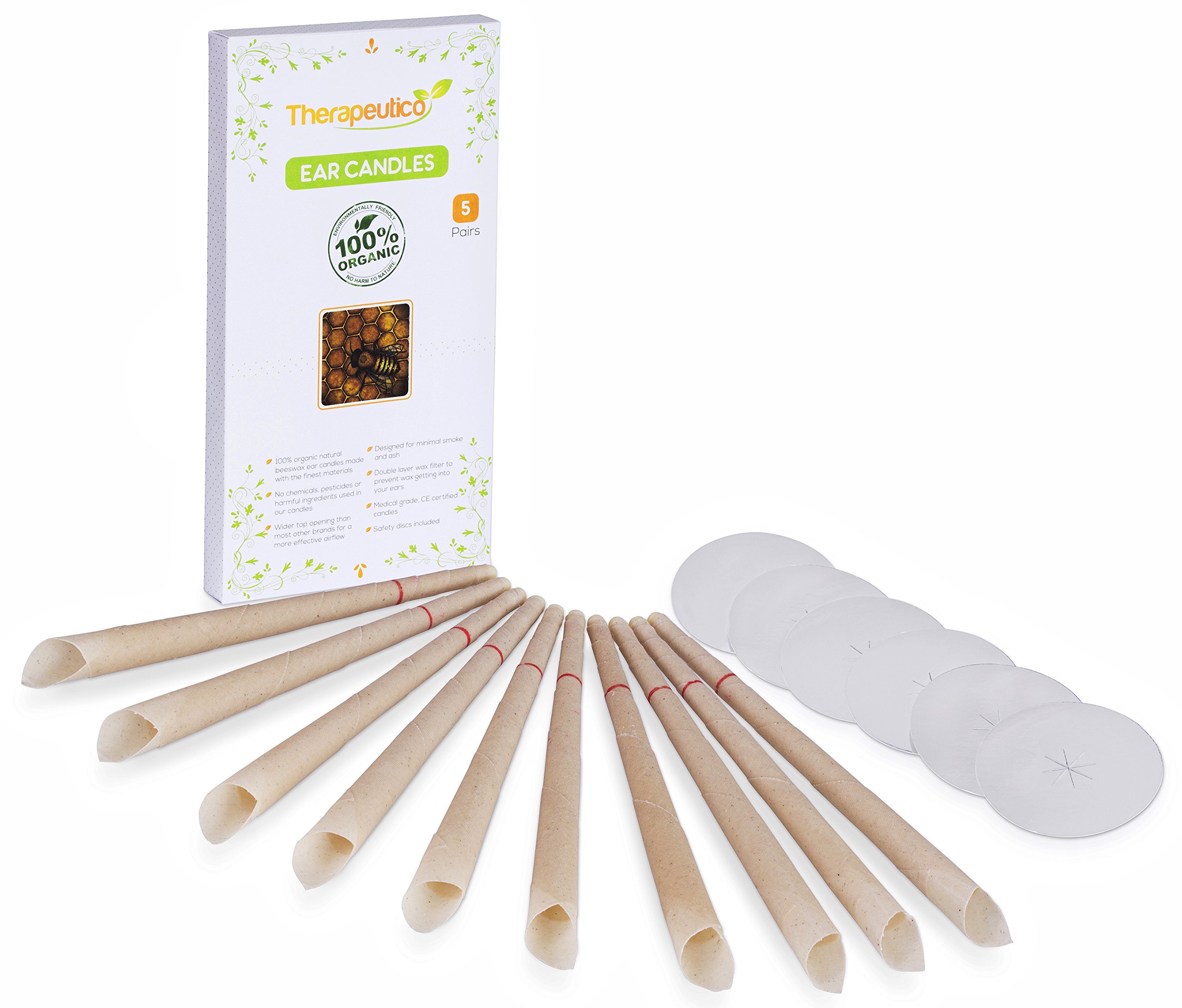 Therapeutico Natural Organic 100% Beeswax Hopi Ear Candles with Free EBOOK |10 Hand-Crafted Candles | Medical Grade with Safety Disc and Double Wax Filter | Relaxing |