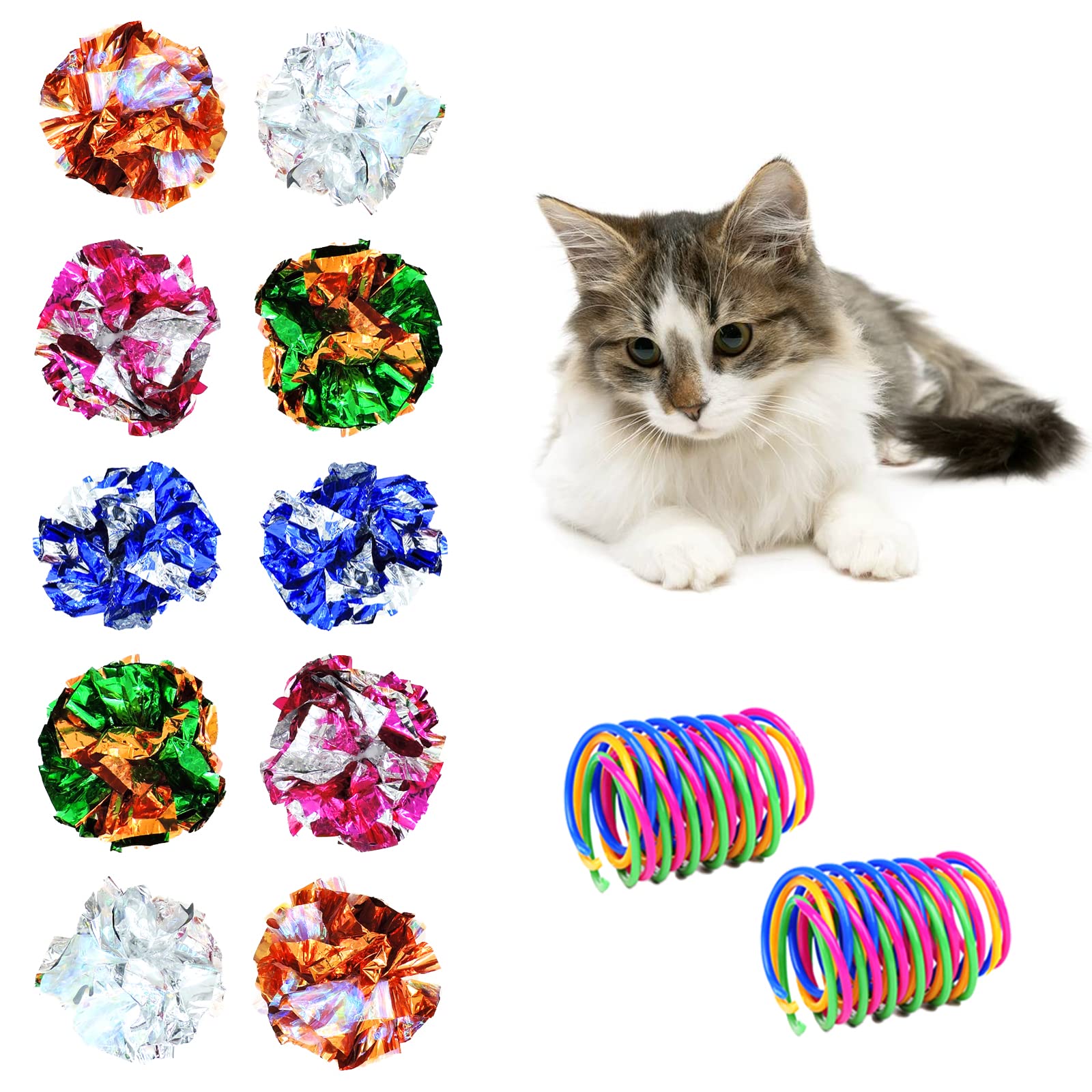 Andiker Cat Toys 18 Pack - Colorful Cat Spring Toys 8PCS & Crinkle Balls 10PCS, High Elasticity Spiral Springs & Crisp Wrinkle Balls for Cats to Swat, Bite, Hunt