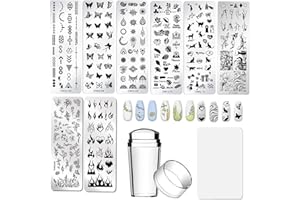 AddFavor Nail Stamper Kit 8pcs Stamping Plates Minimalist Geometric Lines Leaf Image Template for DIY Decorating Polish Gel Plate Print Stamper Manicure Stencils Tools (Mixed-Style D)