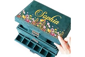 Personalized Large Jewelry Box for Women Girl, Custom Flowers and Name, Velvet Jewelry Case with Drawer, Bridesmaid Gifts, Tr