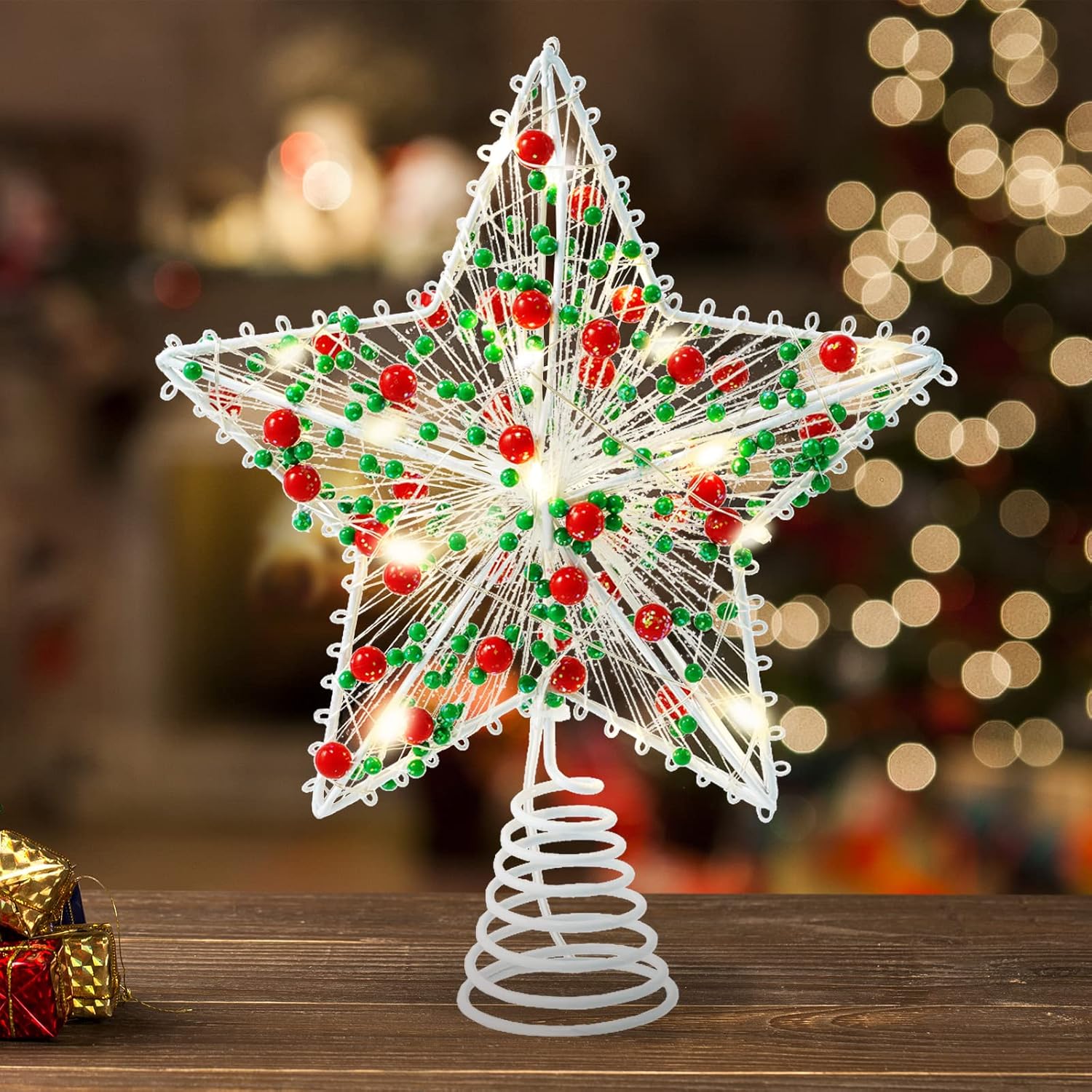 Tree Toppers - Whaline Christmas Star Tree Topper 8.3 Inch Red Green Berries Dotted 3D Star Treetop LED Lighted Battery Powered Unique Design Xmas Tree Ornament for Christmas Party Indoor Outdoor Home Decoration