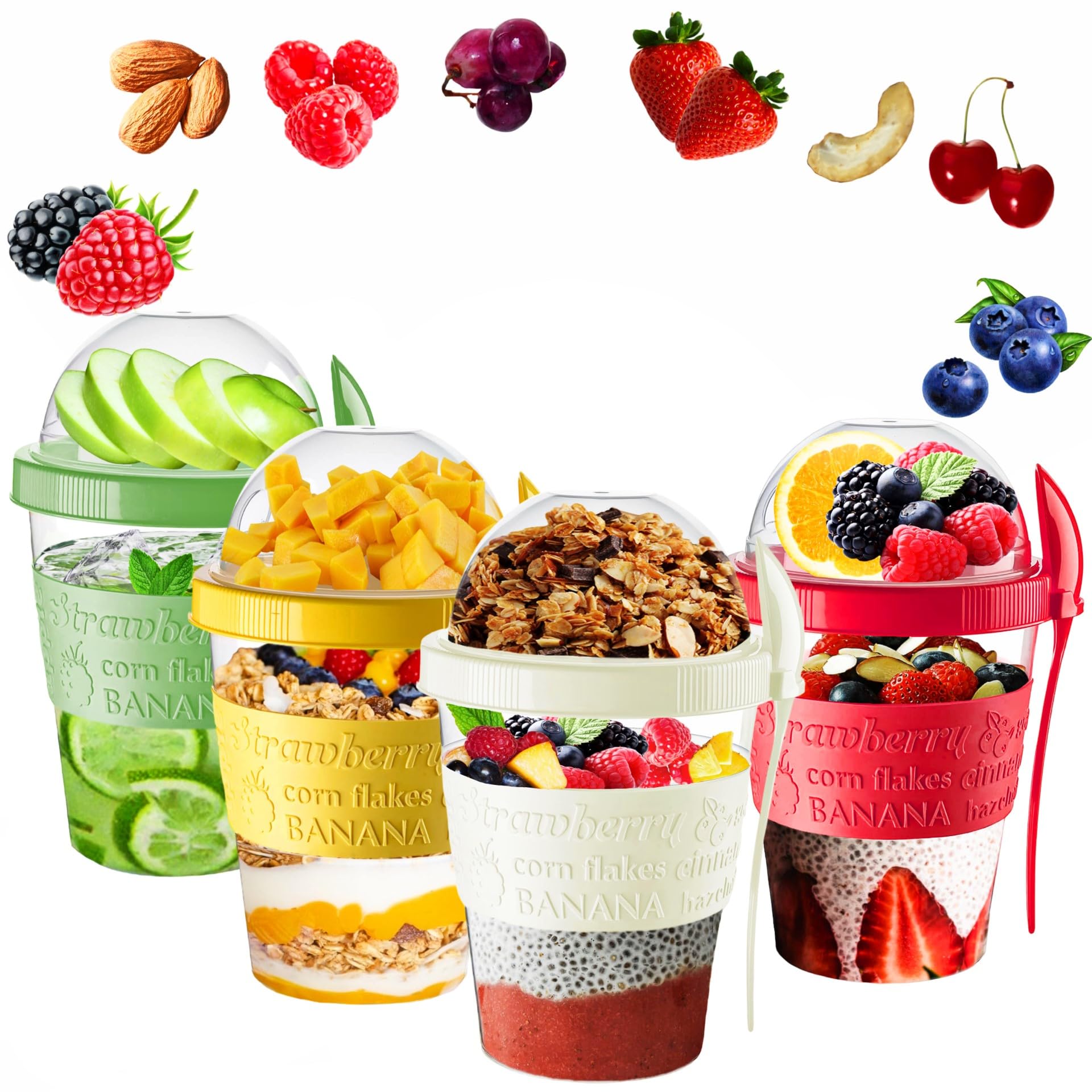 Yogurt Pots Reusable 20 Oz Overnight Oats Container with Lid & Spoon BPA free Breakfast Pots to GO Cereal On the Go Dishwasher Safe Lunch Oatmeal Jars (Set of 4 (Red, Cream, Green, Yellow))