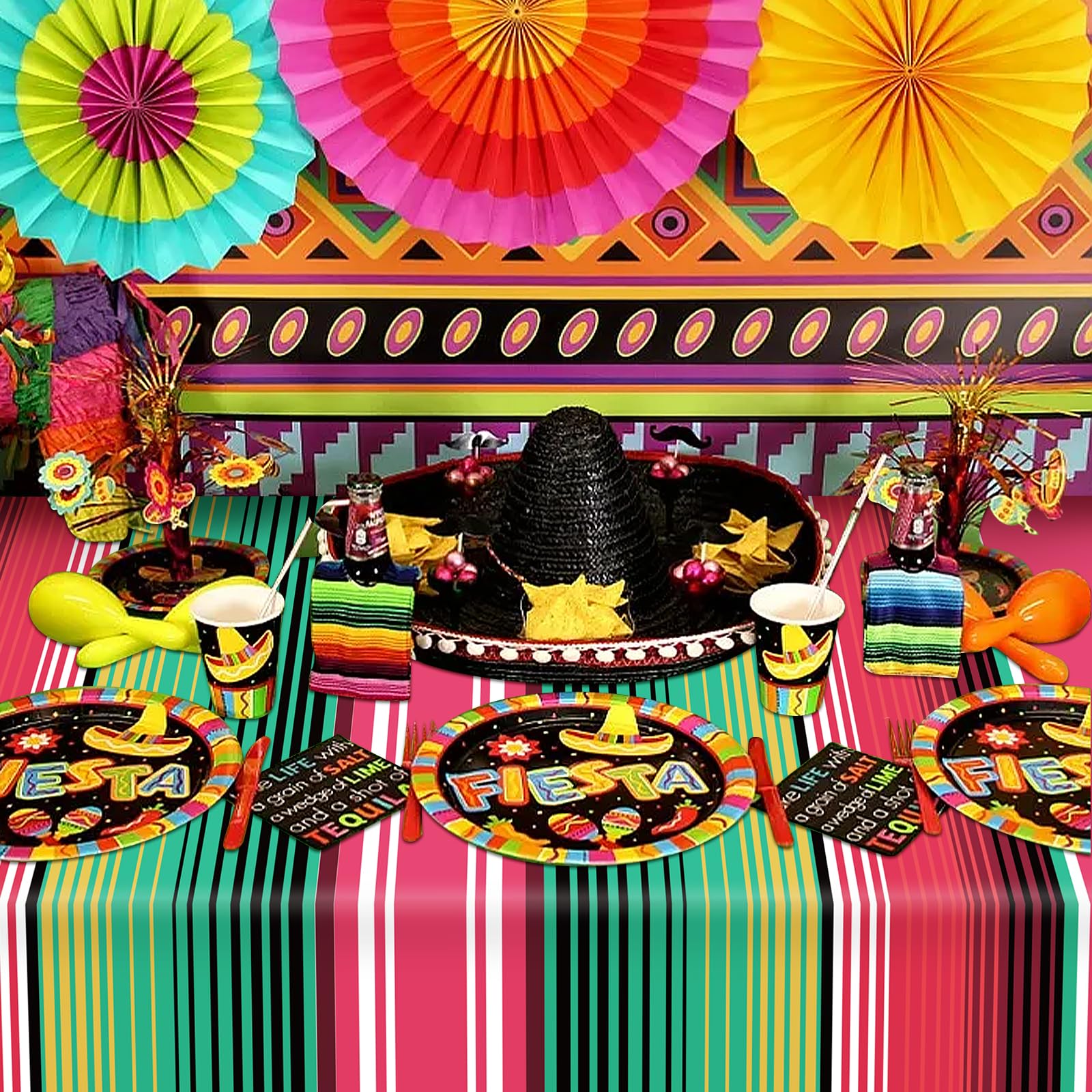 Hxezoc 3 Pack Disposable Plastic Mexican Serape Tablecloths, 54 x 108 Inch Mexican Striped Party Table Cover for Mexican Wedding Birthday Party Decorations Outdoor Indoor Party Supplies