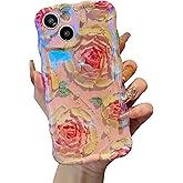 XIZYO Case for iPhone 15, Colorful Retro Oil Painting Flower Cute Floral Aesthetic Curly Wave Frame Laser Glossy Reflective Exquisite Stylish Protective Cover Women Girls-Rose Flower/Pink