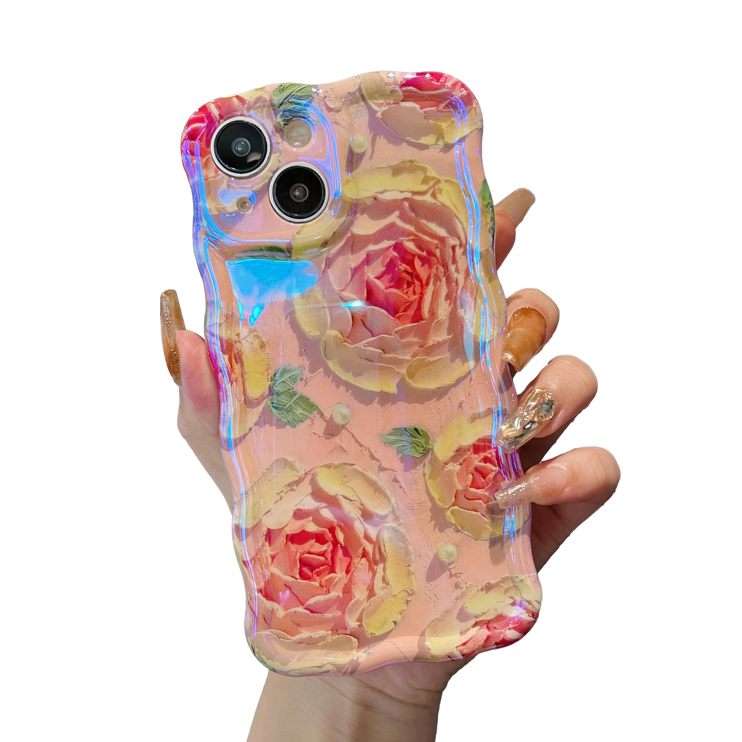 XIZYO Colorful Retro Oil Painting Flower Case for iPhone 15, Curly Wave Frame Laser Glossy Cute Floral Aesthetic Phone Case, for Girls Women Slim Soft TPU Shockproof Phone Cover, Pink Rose/Pink