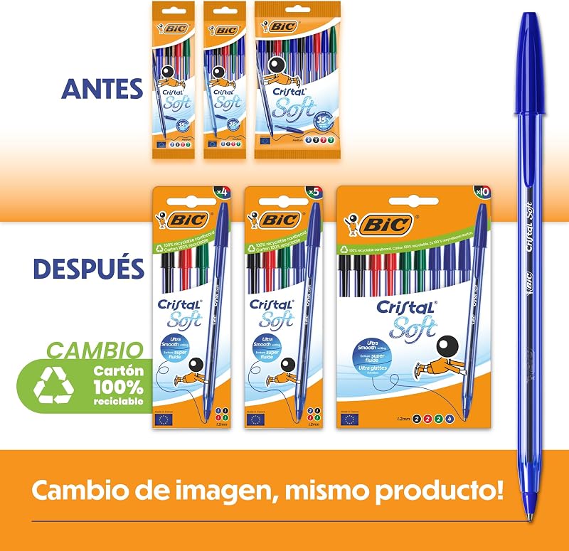 Cristal Soft Bolígrafos Bolitas Punta Media (1,2 mm) con tinta Easy Glide - Azul, Caja de cartón de 10