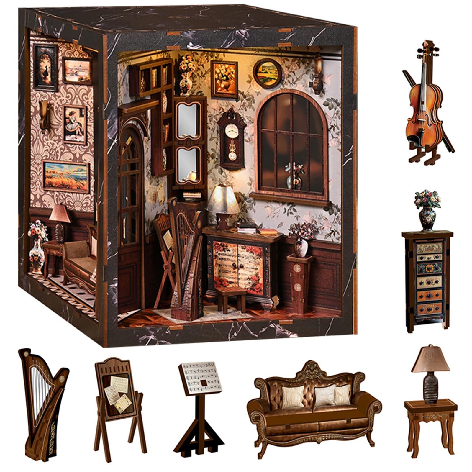 Roroom DIY Miniature House Kit, European Melody Book Nook Kit for Adults with LED Lights, 3D Wooden Puzzle Dollhouse for Home Desk Display - Unique Gift for Model Collectors — image 1
