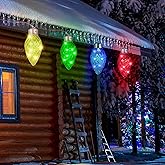 4ct Twinkling Multicolor LED Jumbo C9 C7 Bulb Christmas Lights 12Ft. with 15 LEDs in each Strawberry Bulb, Connectable Hanging String Lights for Outdoor Porch Patio Eave Xmas Trees Roof Decoration