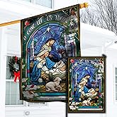 HAIHAUPOD Holy Family O Come Let Us Adore Him Winter Flag, Nativity Religious Christmas Banners For Outside, Merry Flags Outdoors Set 2 House Flag 28 x 40 and Garden Flag 12x18 Double Side, Xmas (House+Garden Flags)